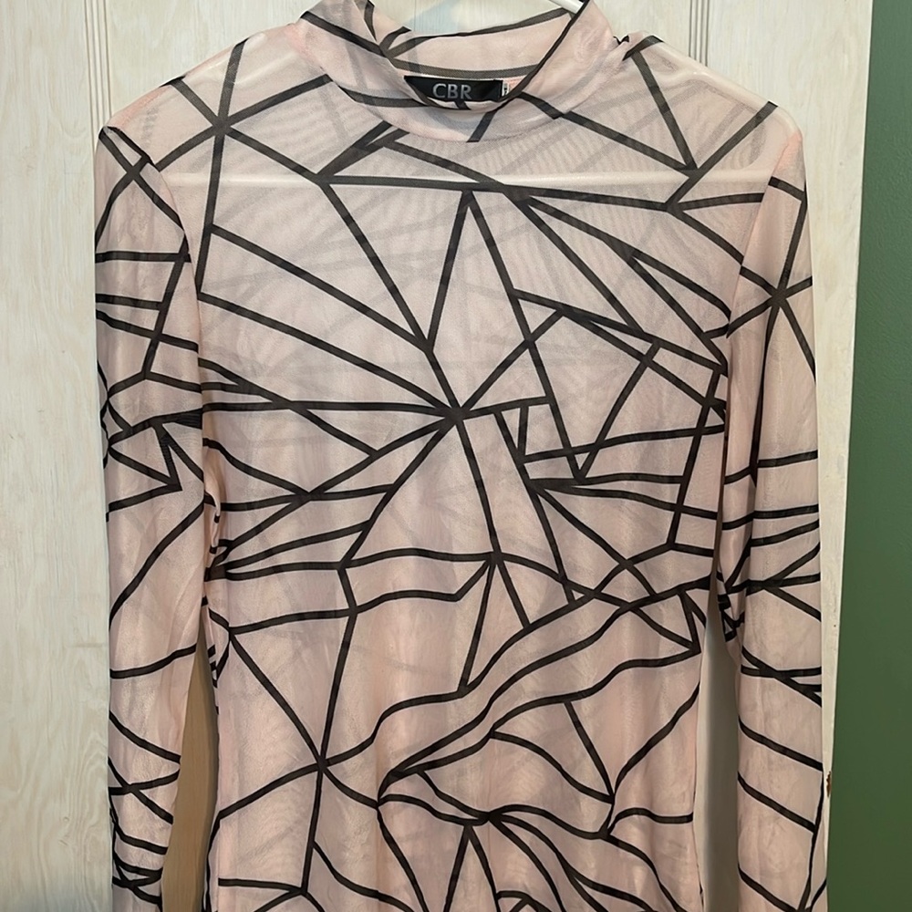 Asymmetrical pink & black long sleeve mesh top